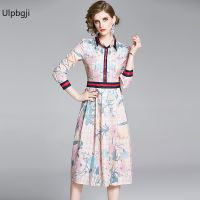 Vintage Shirt Overlay Flower Print Dress Women Single-Breasted Wrist Sleeve Fit and Flare Slim Swing Party Elegant Midi Dress