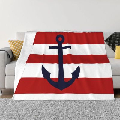 （in stock）Navy blue anchor red striped blanket, warm Flannel sailboat, used for office, bedroom, bedspread（Can send pictures for customization）