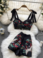 SINGREINY Embroidery Chinese Women Summer Set  Zipper 2 Piece Sets Tassel R y Slim Vacation Beach Two Piece Sets