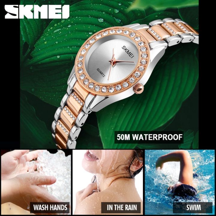 skmei-ที่เรียบง่ายหรูหราคริสตัลนาฬิกาข้อมือสตรีสุภาพสตรีสแตนเลสสายนาฬิกาควอตซ์นาฬิกา