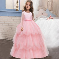 Christmas Kids Pink White Bridesmaid Clothes Children Costume Long Sleeve Princess Vestido Flower Girl Party 12 13 140 Year Gown