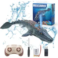 ไดโนเสาร์แบบใช้รีโมตควบคุมสำหรับเด็กเรือ Mosasaurus ของเล่นดำน้ำ Rc พร้อมสเปรย์น้ำน้ำหนักเบาสำหรับสระว่ายน้ำทะเลสาบห้องน้ำอ่างอาบน้ำของเล่นป้องกันมหาสมุทร