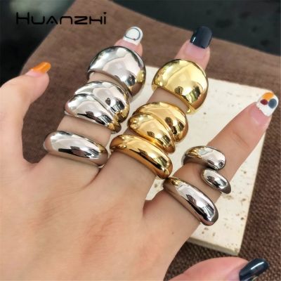 HUANZHI 2020 New Glossy Wide Version Gold Color Plated Exaggerated Metal Rings Open Adjustable Ring for Women Men Jewelry Adhesives Tape