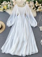 New Spring Autumn Women Elegant Holiday Dresses Puff Sleeve Slash Neck Off Shoulder Smocked White Chiffon Y2K Dresses