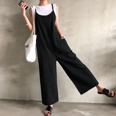 Xia R, Western Style, Age Thinning, Wild Casual Black Wide-leg Suspender Trousers, Loose Jumpsuit