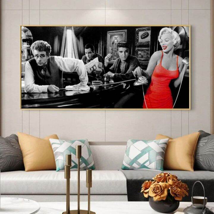 retro-legend-star-art-โปสเตอร์และพิมพ์-monroe-elvis-james-เล่นบิลเลียดสีดำและสีขาว-wall-decor-ภาพวาดผ้าใบสำหรับห้อง