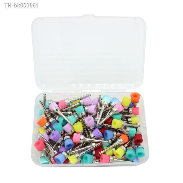 100pcs-dental-polisher-tool-kit-dental-polishing-brush-polisher-prophy-rubber-cup-latch-colorful-buff-nylon-bristles