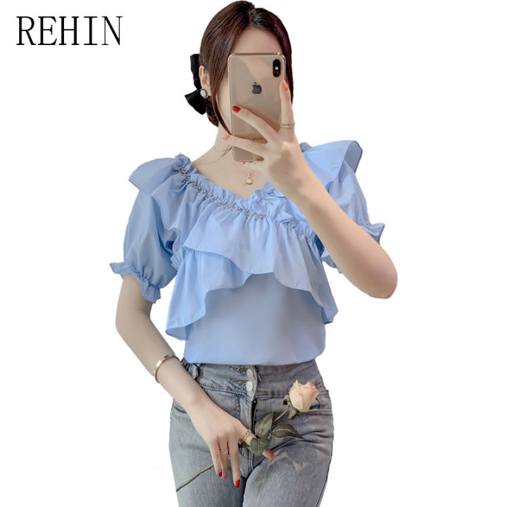 rehin-เสื้อผู้หญิงสไตล์ฝรั่งเศสสุดขอบใบบัวคอวีโชว์ไหปลาร้าไหล่ข้างเดียวพร้อมเสื้อเสื้อหรูหราไข่มุกแขนพอง