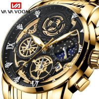 2022 Calendar Mens Fashion Watch Hollow Flywheel Rhinestone Waterproof Sun Moon Star Quartz Watch 【QYUE】