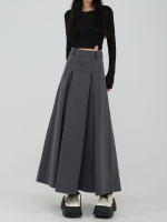 College Style Pleated Suit Skirt Women Summer High Waist Hanging Gray A-Line Midi Skirts Korean Style