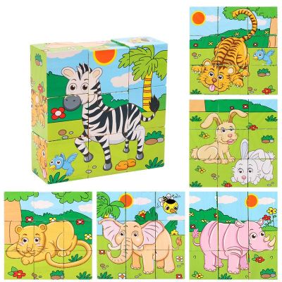 Kids Six Side 3D Cube Jigsaw Games Baby Wooden Block Toys Animal Fruit Traffic Cognize Early Learning Educational Toys