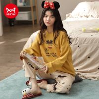 MiiOW Simple พิมพ์ผ้าฝ้ายแขนยาวกางเกงฤดูใบไม้ร่วงและฤดูหนาวชุดนอน Loungewear ชุดนอนสตรีชุด Homewear 8984