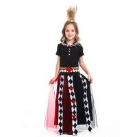 เทพนิยาย Alice In Wonderland คอสเพลย์ชุดเด็กโป๊กเกอร์ Queen Hearts ชุดเครื่องแต่งกาย Halloween Carnival Party Dress และ Headwear