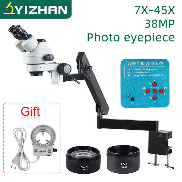 yizhan-7x-45x-อุตสาหกรรมกล้องจุลทรรศน์สเตอริโอ-trinocular-articulating-arm-pillar-clamp-zoom-38mp-hdmi-กล้องวิดีโอของขวัญ-led-light