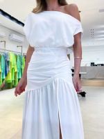 Solid Slash Neck Split Floor Dress For Women Short Sleeve Pleated High Waist Long Dresses Summer Womens Vacation Dressing