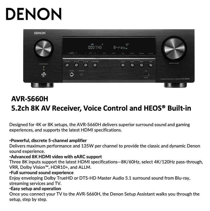 Denon AVRS540BT Channel Receiver 4K Ultra HD Audio Video, Bluetooth