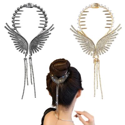 Hair Jewelry With Angel Wing Design Hairpin With Rhinestones Tassel Ponytail Hairpin Rhinestone Hair Clips Golden Hair Jewelry
