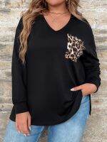 Yuisle Womens Casual Ladies Comfort Plus Size Sweatshirt Plus Leopard Print Pocket Patched Drop Shoulder Sweatshirt Leisure Perfect Comfortable Eye-catching (Color : Black, Size : X-Large)