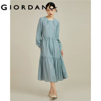 GIORDANO Women Dresses Tie Waist Button Placket Long Sleeve Dresses Crewneck Solid Color Fashion Casual Ruffle Dresses 18463202