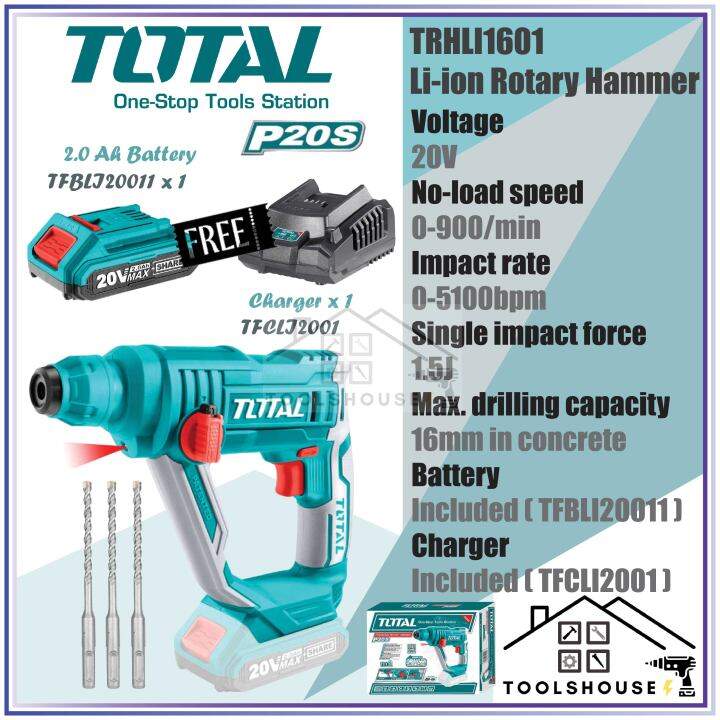 Total TRHLI1601 Li ion Cordless Rotary Hammer 无绳旋转锤 20V Lazada