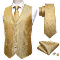 Barry.Wang Fashion Men Suit Vest Gold Solid Waistcoat Silk Tailored Collar V-neck Check Vest Tie Set Formal Leisure M-2033