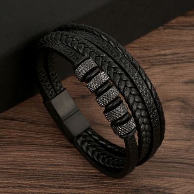 Fashion Braided Leather Bracelet Classic Multilayer Mens Beaded Bracelet with Frosted Magnetic Buckle New Year Men Gift