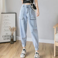 Big Pocket Loose Elastic Waist Ankle Banded Jeans Women Casual Solid Color Denim Cargo Pants Streetwear Boyfriend Denim Trousers