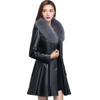 2022 new Haining leather coat womens imitation fox fur collar plus cotton fur coat mid-length slim slim PU leather coat