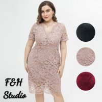 Ready Stock L-4XL Women Big Size Dress Lace V Neck Short Sleeve Plus Size Party Dress 1828