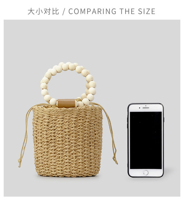 shenwin-กระเป๋าฟางประดับลูกปัดสำหรับผู้หญิง-กระเป๋าทรงกลมแบบผูกเชือกกระเป๋า-tote-แบบทอด้วยมือกลองรีสอร์ทริมทะเล