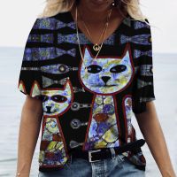 Cat Print Summer Womens T-shirt Painted Pattern V-neck Premium 3D Chic Casual Street Multicolor Short Sleeve Commuter For Girls