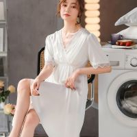 【 WYIN kitchen】 Jxgarb Womens Princess Sweet Ice Silk Nightgown Fashion V Neck Ruffles Sleepshirts Deep Loungewear Night Clothes