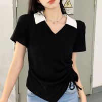 Black Blouse Women Korean Style Fashion Casual Shirt Summer Short Sleeve Drawstring Tops