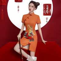 2022ฤดูร้อนสีส้มเด็กสาว Cheongsam ขนาดเล็กสั้นที่ดีขึ้นที่ทันสมัย Qipao สไตล์จีนชุดแต่งงานสำหรับผู้หญิง