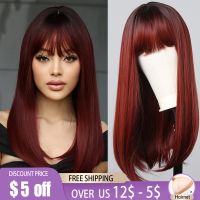 Long Burgundy Straight Synthetic Wigs with Bangs Ombre Wine Red Cosplay Wig for Women Afro Natural Hair Daily Heat Resistant Use [ Hot sell ] TOY CENTER