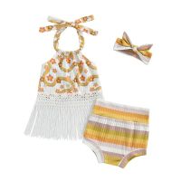 Baby Girl Summer Outfit Flower Print Tassel Hem Tie-Up Halter Neck Sleeveless Tank Tops Stripe Shorts Headband 3Pcs Clothes Set  by Hs2023