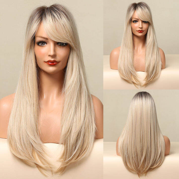 long-straight-synthetic-white-blonde-brown-hair-wig-with-bangs-for-black-women-cosplay-party-daily-ombre-highlight-natural-hair