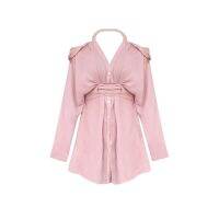 เสื้อผ้าแฟชั่นสำหรับสุภาพสตรี Accept show thin waist Xia Lou shoulder platycodon grandiflorum French v-neck shirt pink small chic long sleeve hanging neck style dress female