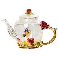 Glass Teapot - Enamel Rose Flower Butterfly Decoration Heat Resistant Glass Tea