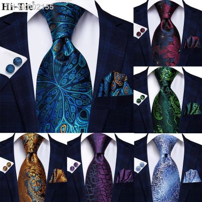 ❒ Hi-Tie Peacock Blue Novelty Design Silk Wedding Tie For Men Hanky Cufflinks Gift Mens Necktie Set Business Party Dropshipping