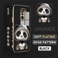 เคส PMP สำหรับ Xiaomi MI Pocophone F1ฟรีสายคล้อง + หมีแพนด้าน่ารักการ์ตูนขอบสี่เหลี่ยมรูปแบบปลอกชุบเคสโทรศัพท์ชุบหรูหราชุบเคสโทรศัพท์อ่อน