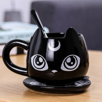 2021Cartoon Cute Black Cat Cup Ceramic Coffee Mug Left and Right Handle Creative Personality Design Couple Cup with Coaster mugs