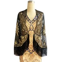 【Sundell fashionable】 1920s Sequin Beaded Floral Shawl Wraps Fringed Evening Cape Scarf for Wedding Prom Party