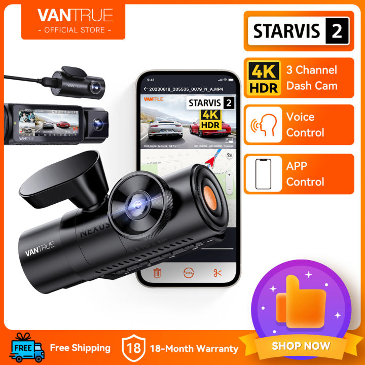 Vantrue 3 Channel 4K WiFi Dash Cam, Starvis 2 IMX678 Night Vision, 4K+1080P+1080P Front Inside and Rear Triple Car Camera, Voice Control, GPS, 4K.