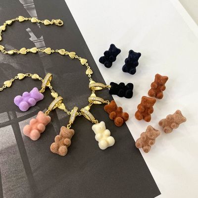 Korean Bear Necklace for Women Colorful Flocked Teddy Bears Couple Pendants Sweater Chain Heart Necklaces Jewelry New Year Gifts