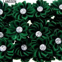 [HOT!] 12Pcs Green Satin Ribbon Flowers with Rhinestone Multilayers Fabric Flowers Appliques Accessories Sewing Wedding DIY 4.0cm