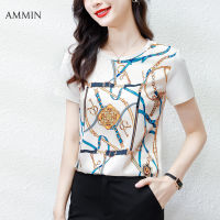 AMMIN Tops 2021เสื้อใหม่สั้นแขนสั้นแฟชั่นเสื้อนอกที่ใส่เข้ากับทุกชุดผู้หญิงฤดูร้อนบุคลิกภาพดิจิตอลพิมพ์รอบคอหลวมเกาหลีแฟชั่นซาตินผ้าไหมเสื้อยืด