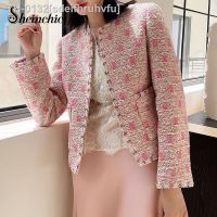 ♙○ sdeifhruhvfu Designer de Luxo Roupas Mulheres 2023 Outono Elegante O-pescoço Rosa Xadrez Chaqueta Mujer Invierno Short Tweed Jacket