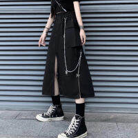 HOUZHOU Gothic Long Skirt Women High Split Butterfly Chain Black Skirts Mall Goth Summer Harajuku Punk Streetwear Dark Academia