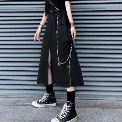 โกธิคยาวกระโปรงผู้หญิงสูงแยกผีเสื้อโซ่สีดำกระโปรงห้างสรรพสินค้าชาวเยอรมันฤดูร้อนฮาราจูกุพังก์ Streetwear มืด A Cademia